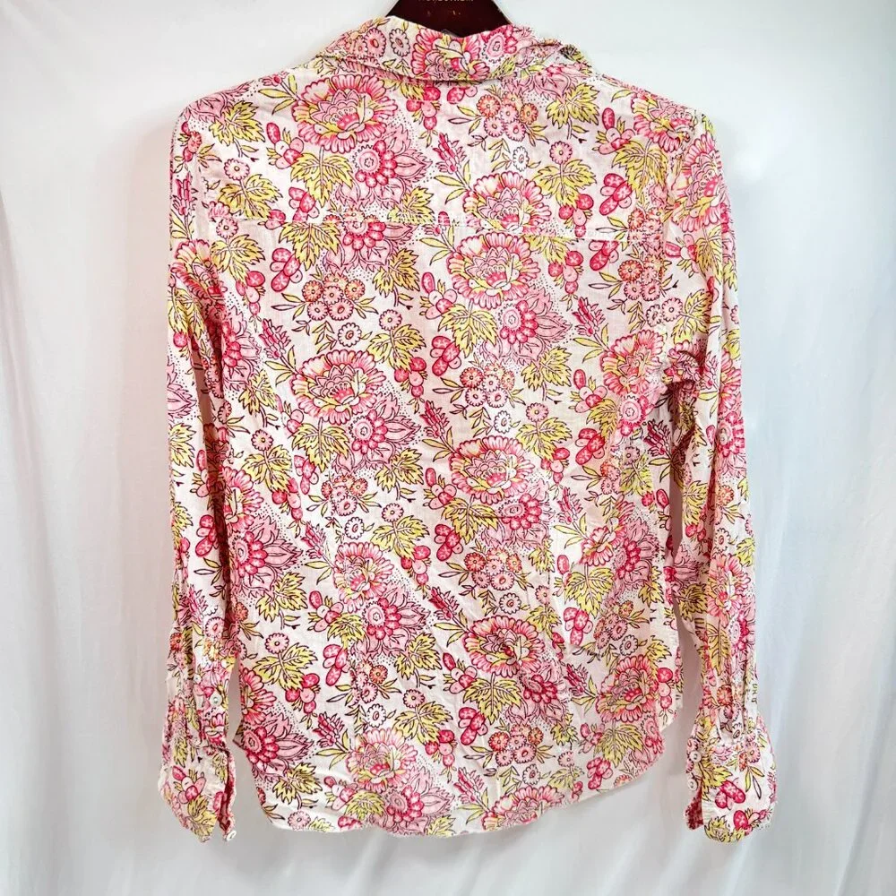 CINO Women’s Floral Button-Up Shirt Medium Pink Yellow 100% Cotton Crinkle Blous - Picture 2 of 4